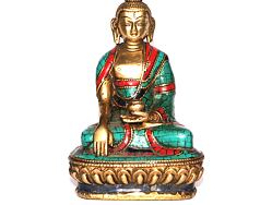 BUDDHA soška /kov, vykládaná tyrkysem, soška znázorňující buddhistické postavy pro šíření kladné energie