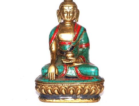 BUDDHA soška /kov, vykládaná tyrkysem, soška znázorňující buddhistické postavy pro šíření kladné energie