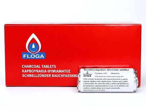 Balení rychlozápalných uhlíků Floga ve válci – 6 kusů/120 v krabici