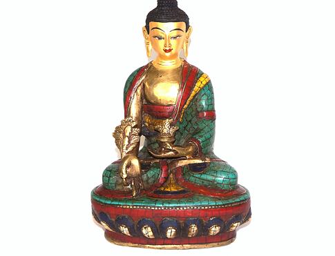 BUDDHA soška /kov, vykládaná tyrkysem, pozlacená