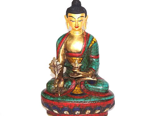 BUDDHA soška /kov, vykládaná tyrkysem, pozlacená