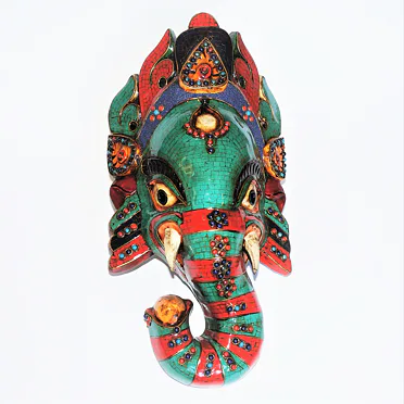 GANESHA dřevěná maska, vykládaná tyrkysem a korálem /1