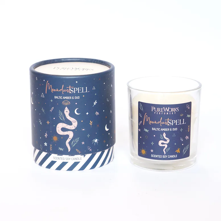 Svíce Magic, MOONDUST SPELL ( Baltic Amber and Oud ) relaxační svíce ze sojového vosku, k provonění a harmonizaci prostoru 
