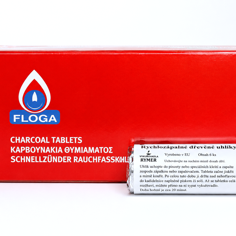 Balení rychlozápalných uhlíků Floga ve válci – 6 kusů/120 v krabici