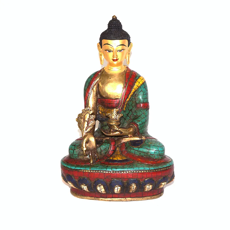 BUDDHA soška /kov, vykládaná tyrkysem, pozlacená soška znázorňující buddhistické postavy pro šíření kladné energie