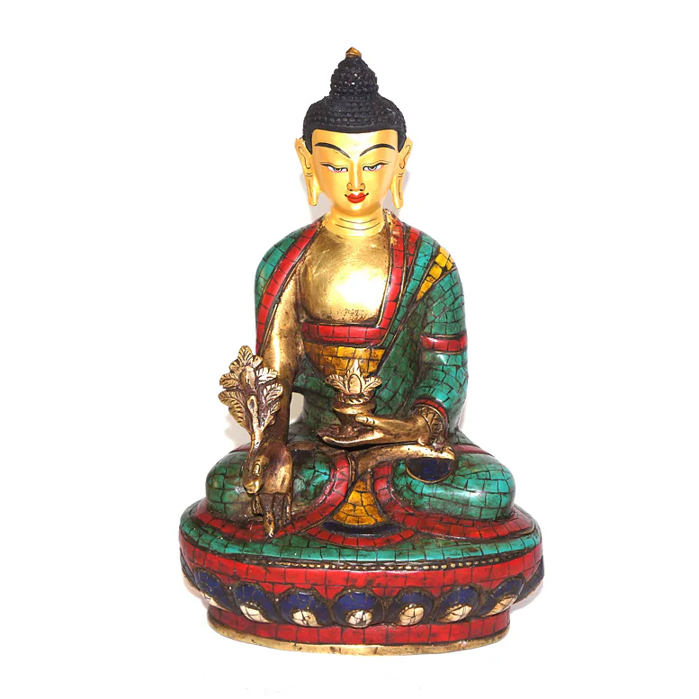 BUDDHA soška /kov, vykládaná tyrkysem, pozlacená