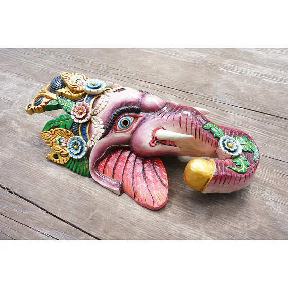 GANESHA dřevěná maska, růžová, symbol požehnání, stability a duchovního vedení, podporuje začátky, přináší do prostoru klid a harmonii 