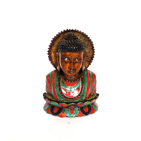Dřevěná busta Buddha s polodrahokamy