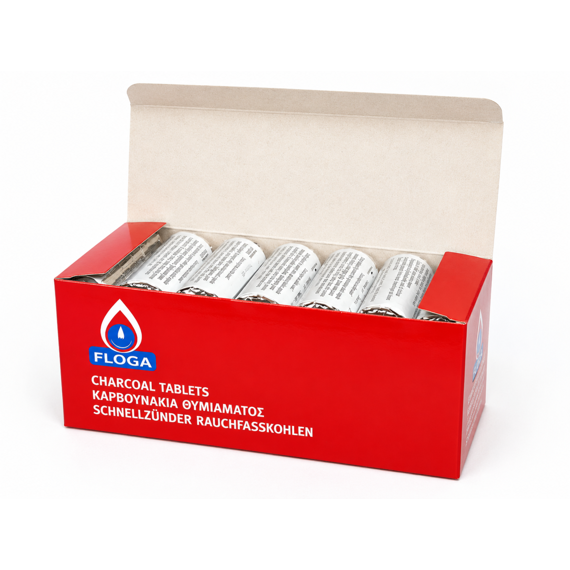 Balení rychlozápalných uhlíků Floga ve válci – 6 kusů/120 v krabici