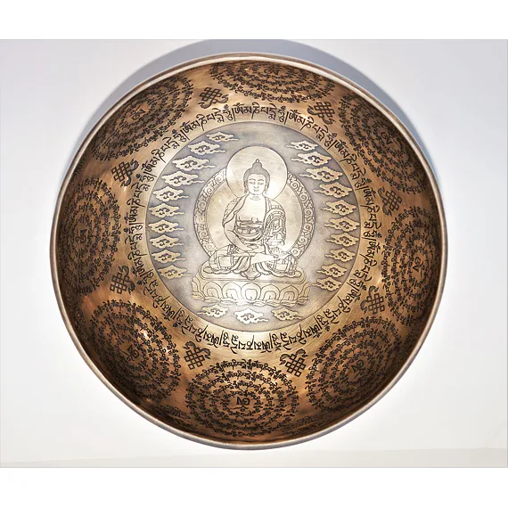 TIBETSKÁ MÍSA, tmavá zdobená, buddha a mantry,  nejstarší a nejúčinnější muzikoterapeutický nástroj