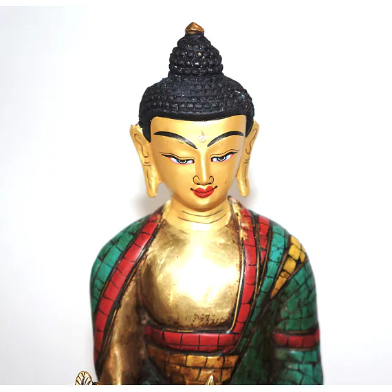 BUDDHA soška /kov, vykládaná tyrkysem, pozlacená