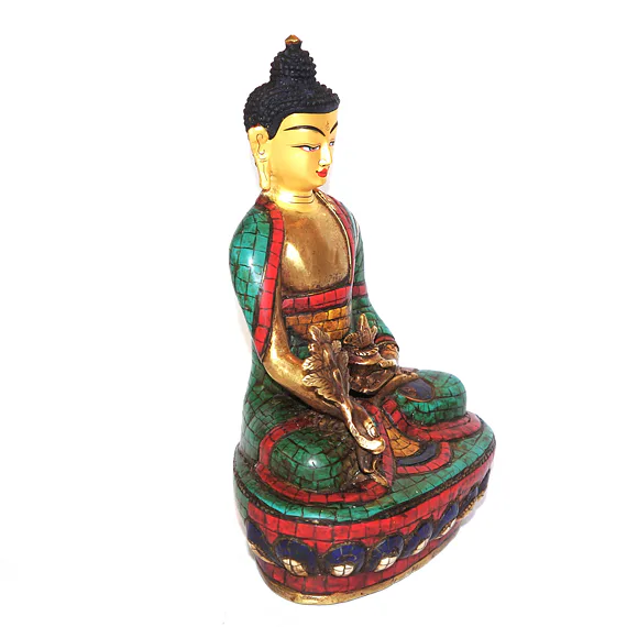 BUDDHA soška /kov, vykládaná tyrkysem, pozlacená