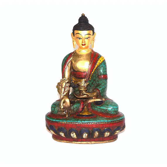 BUDDHA soška /kov, vykládaná tyrkysem, pozlacená soška znázorňující buddhistické postavy pro šíření kladné energie