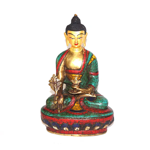 BUDDHA soška /kov, vykládaná tyrkysem, pozlacená